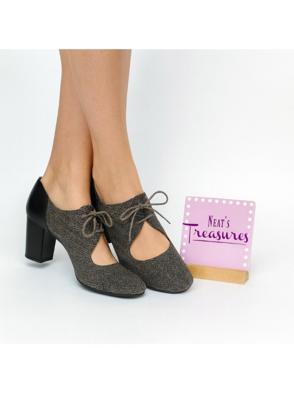Naturalizer MAKENZIE Black Tweed Fabric Lace Up Block Heel Pump Shoes  Sz 9.5 M